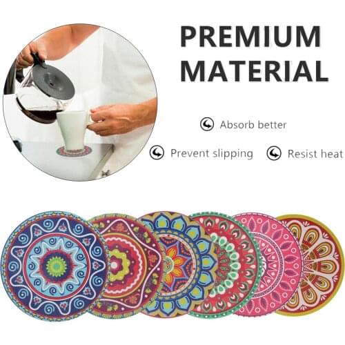 6pcs/set Absorbing Stone Mandala Coasters Cork Base Table Mats Cup Pads for Men Women Funny Gifts Home Room Bar Decor