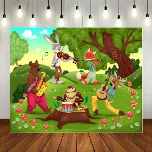 Photo Studio Props Vinyl Photography Backdrop Cartoon Musicians Animals In The Wood Kids Birthday Decoration Customizable Text