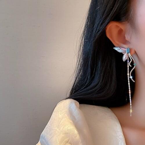 Korean Style Purple Enamel Butterfly Drop Earrings For Women Long Tassel Rhinestone Earrings Weddings Party Jewelry