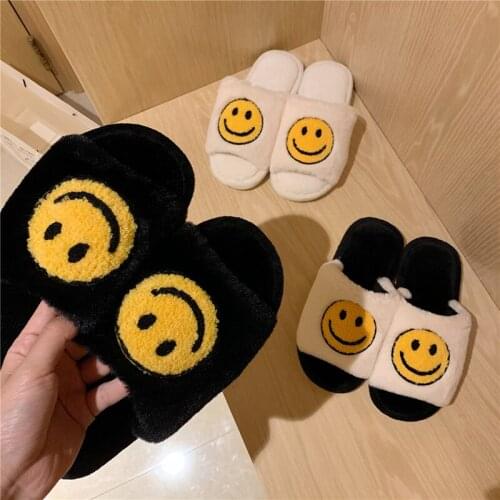 2021 Cute Smiley Fluffy House Slippers Women Faux Fur Slides Shoes Female Home Soft Flip Flops Open Toe Winter Slippers