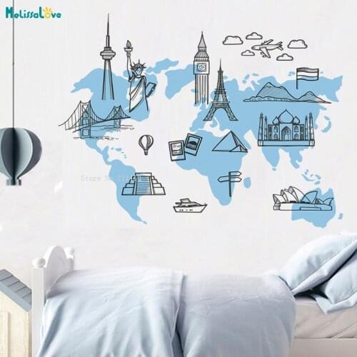 Two Colors World Map Wall Sticker with Icons Home Decoration Living Room Office Studio Removable Vinyl Exquisite Murals YT1469