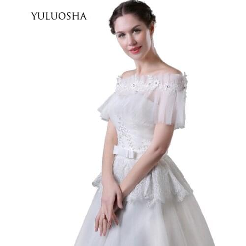 YULUOSHA Cape Dress New Arrival White Ruffle Lace Sheer Flower Beaded Wedding Bolero Wedding Accessories Bridal Wraps Shawls