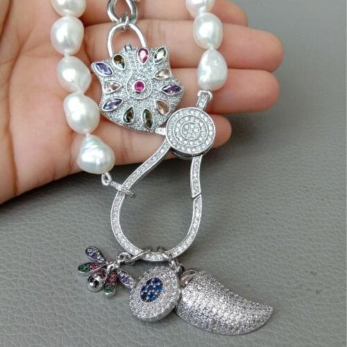 YYGEM 19''2Strands Cultured White Baroque Pearl Cz pave Drop bee lock Charm pendant statement Necklace for women