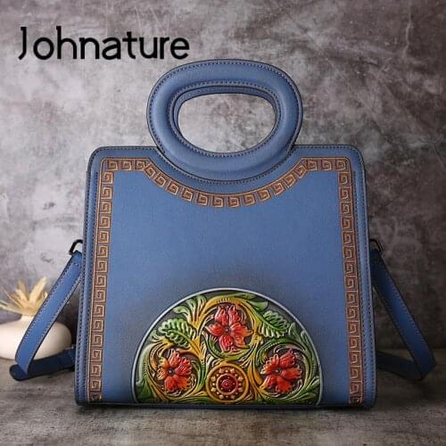 Johnature Retro Embossed Luxury Women Handbag 2021 New Versatile Large Capacity Leather Bag Leisure Ladies Shoulder Bags