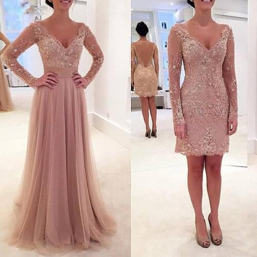 Mother The bride dresses Formal wedding dresses Long sleeves Removable train Dusty pink Evening dresses Vestidos De Novia