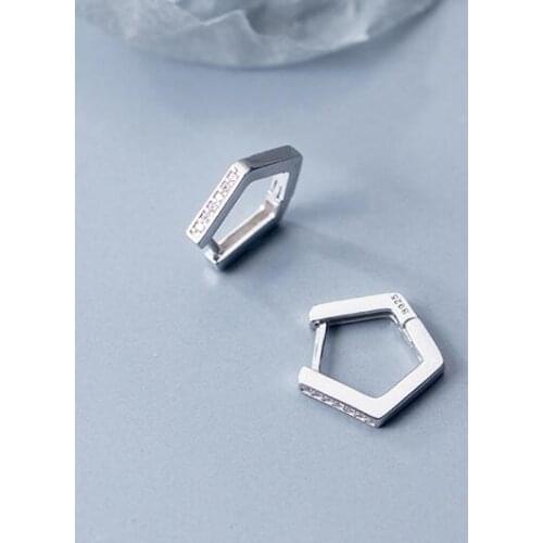 1pair small Real. 925 Sterling Silver polished /crystals CZ Set pentagon Earrings hoop jewelry 13mm GTLE2754