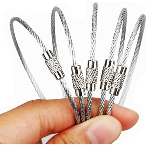 10pcs/lot 6 sizes Stainless Steel Wire Cable Key Ring Key Chain Holder With Screw Lock Luggage Tag Loop ID Tag Keeper