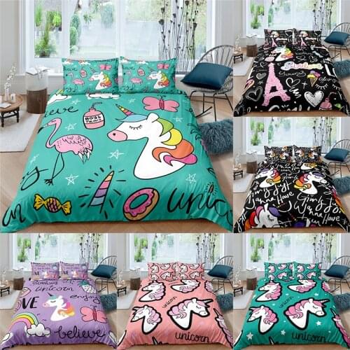 Luxury 3D Cute Colored Unicorn Print 2/3Pcs Bedding Sets Comfortable Animal Duvet Cover Pillowcase Home Textile Queen/King Size