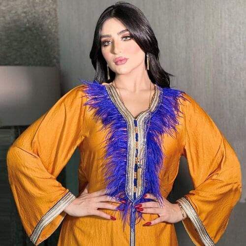 2021 Saudi Arabe Muslim Kaftan Dubai Abaya Dress Kimono African Women Luxury Feather Gowns Elegant Ladies Islamic Clothing Robe