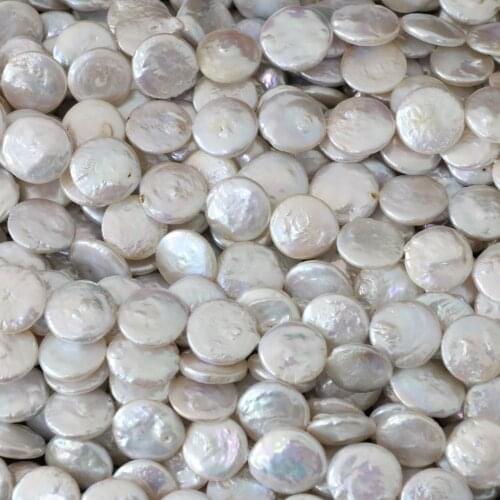 White Natural Cultured Freshwater Pearl Beads Button Coin 14mm Round Cake Fit Necklacce Bracelet Jewelry Making 15inch B1353