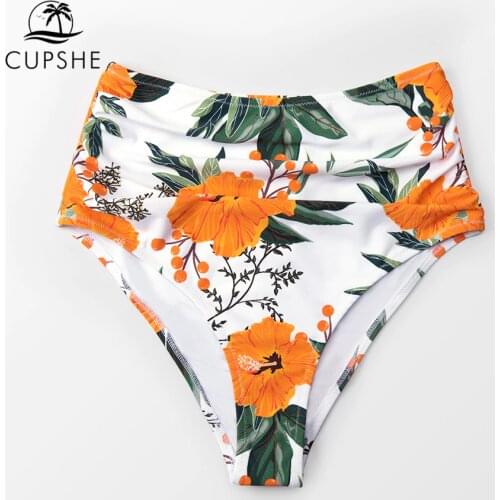CUPSHE Orange Floral Shirring High-Waist Bottom Women Sexy Single Panties Briefs 2021 Separate Bikini Bottom Swimwear