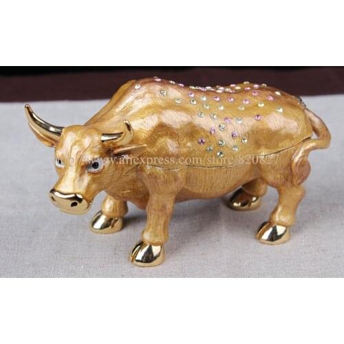 FengShui Full Crystal Design Wall Street Cow Statue Trinket Box Cow animal bejeweled trinket jewelry box figurine ring holder