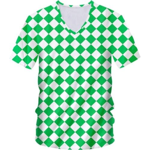 IFPD EU/US Size Summer Shirt Men Casual T-shirt Cool Print White Green Grid 3D Tshirt Man Hiphop Short Sleeve V-Neck Streetwear