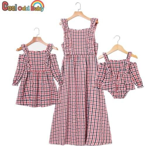 2021 Summer Dress Family Matching Clothes Mommy and Me Baby Romper Plaid Print Mother Daughter Family Look Kids Girls Outfits