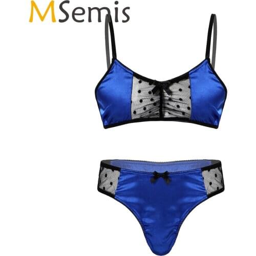 Men Patchwork Lingerie Set Adjustable Spaghetti Strap Sheer Mesh Bra Crop Top with Briefs T-back Male Exotic Suit Nightwear