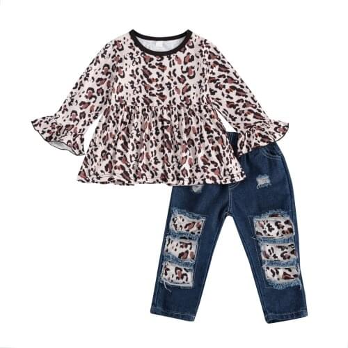 Spring Girls Clothing Set Leopard Print Long Sleeve Round Neck Top and Ripped Jeans Two-piece Suit Toddlers Fashion Costume