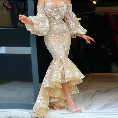 Sweetheart Lace Prom Dresses Beige Off the Shoulder Flower Dress for Women Ruffles Dress