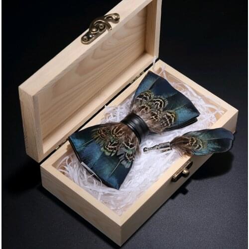 JEMYGINS Original Pheasant Natural Blue Brown King Feather Bow Tie Brooch Gift Wooden Box Set For Men Wedding Party Fashion Tie