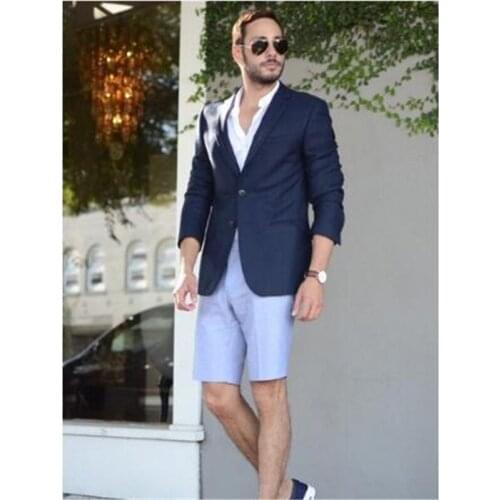Summer Beach Blue Coat With Short Pant Men Suits Prom Suit Vintage Groomsmen Wedding Tuxedos Mens Daily Wear Suit Jacket Pants
