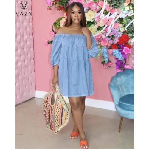 VAZN 2021 New Clear Fresh Sexy Regular Special Sexy Soft Full Sleeve Slash Neck High Waist Women Thin Mini Dress