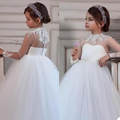 2021 New Flower Girl Dress For Weddings Long Sleeves Appliqued Tiered Lace Birthday Gowns Pageant First Communion Wear