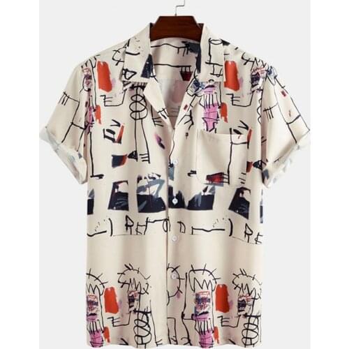 2021 new High quality Men Short Sleeve Graffiti Printing Lapel Slim Hawaiian Shirt Streerwear for Party