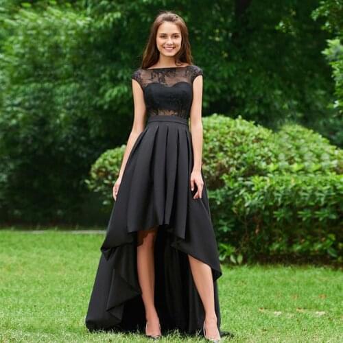 Latest Lovely Black High Low Lace Prom Party Dresses Cap Sleeves Bateau Neck Buttons Back Wedding Guest Gowns 2021 On Sale