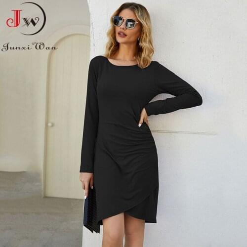 Solid Color Chic Women Bodycon Dress Autumn Winter Fashion Elegant Slim O-neck Long Sleeve Party Office Asymmetrical Midi Dress