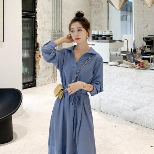 Autumn Spring Women Shirt Dress 2021 Office Ladies Solid Colors Casual Lace Up Long Dress Mujer Vestidos