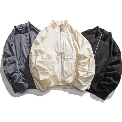 Autumn High Street Reflective Line Jackets Black Beige Grey Long Sleeve Stand Collar Coats Loose Drawstring Clothing Casual