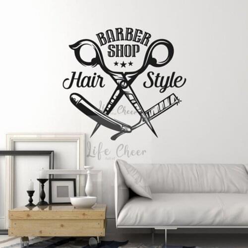 Hair Shop Logo Wall Sticker Haircut Scissor Comb Vinyl Wall Decal Barbershop Window Decoration Hair Design Store Poster AC128
