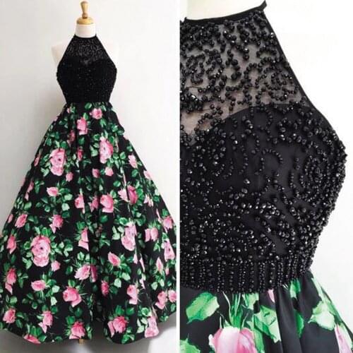 SuperKimJo Printed Prom Dresses 2020 Halter Beaded Black Elegant Real Photo Prom Gown 2021 Robe De Bal Femme Longue