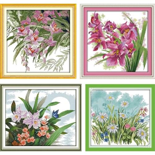 Joy Sunday Cross Stitch Kit Embroidery Needlework Orchid Patterns Stamped 11CT 14CT Printed DMC Thread Canvas Counted Fabric Set