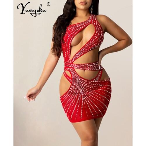 Sexy see through Rhinestone mini summer dress women One shoulder hollow mesh club party dress vintage bodycon evening dresses