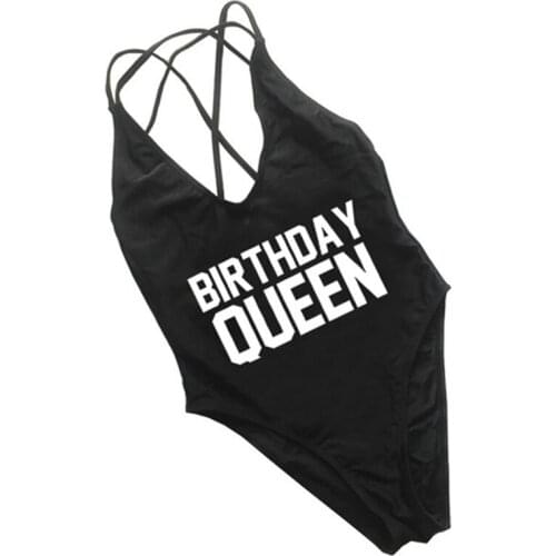 Sexy High Cut Swimsuit Women Birthday Queen Gold Print Swimwear One Piece Push Up Monokini Bathing Suit Girls Bodysuit Beachwear
