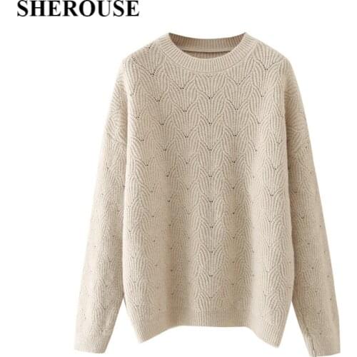 SHEROUSE 2021 Vintage Women Knit Sweater Top Long sleeves O-Neck Textured Knitted sweaters Casual Pullover Woman Tops