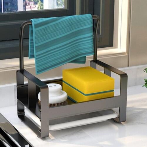 Kitchen Sink Rack Space Aluminum Sponge Holder Towel Rack Soap Brush Holder with Drain Pan Kitchen Drying Rack Organizer