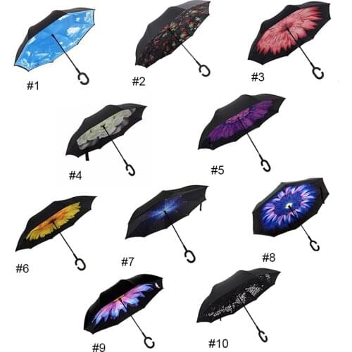 Windproof Reverse Folding Double Layer Inverted Umbrella Self Stand Inside Out Rain Protection C-Hook Hands for Women Children
