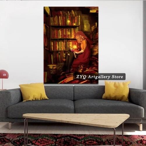 Magic Library Witch Poster Art Picture Prints Home Decor Wall Canvas Painting Decoration For Living Room Anime