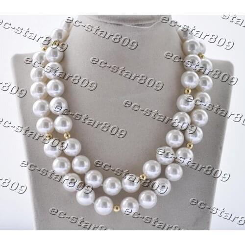 Z11315 35" 14mm White Round South Sea Shell Pearl Gold-Plating Bead Necklace