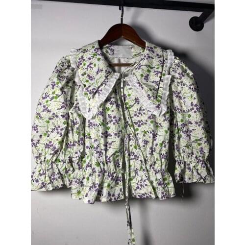 2021Summer Women Floral Blouse Frill Trim Triangle Neck Printing Long Sleeve Ladies Lace Vintage Shirt and Tops