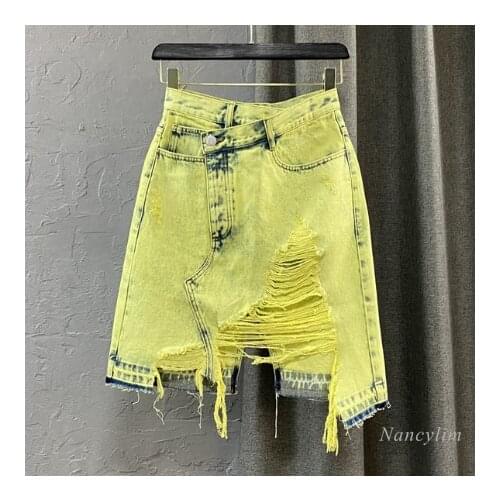 Washed Large Ripped Tassel Denim Skirt Women Hot Sale Asymmetric High Waist A- Line Jeans Skirts Summer 2021
