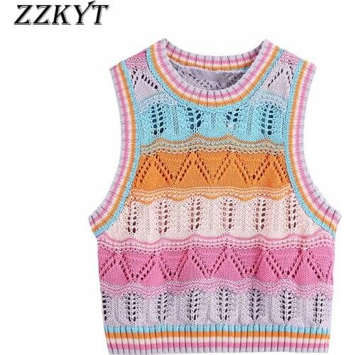 ZZKYT 2021 Women Summer Fashion Striped Weave Knitted Vest Sweater Vintage O-Neck Sleeveless Female Waistcoat Chic Casual Tops