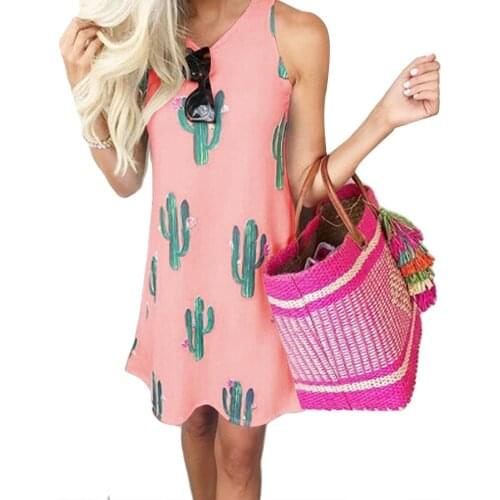 2019 Fashion Female Summer Casual Cactus Print Sundress Clothing Women Sleeveless Round Neck Loose Beach Party Dress new