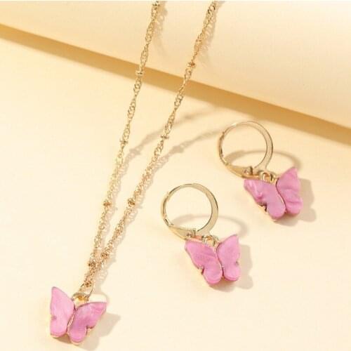 2pcs/set Fashion Butterfly Stud Earrings Cute Butterfly Pendant Necklace For Women Colorful Girls Jewelry Gifts