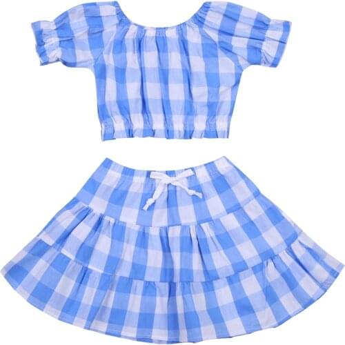 2021 1-6Y Fashion Kids Girls Clothes Sets Plaid Print Short Sleeve T Shirts Ruffles A-Line Skirts Outfits