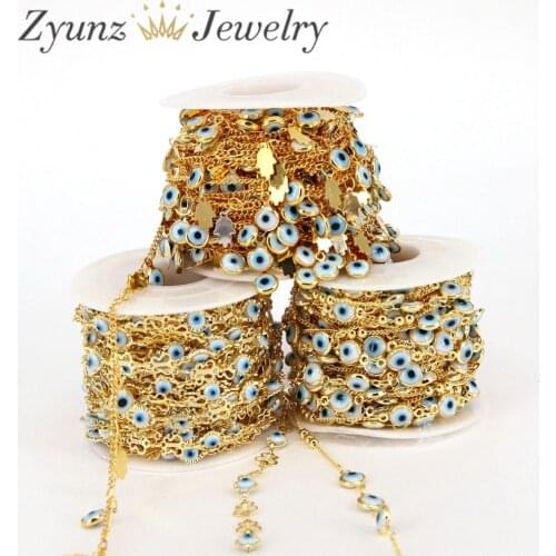 5 Meters, 6mm Gold Turkish Eye Chains White Blue Eye Butterfly Hamsa Hand Beads Chain for DIY Jewelry Making