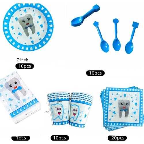 51pcs/Lot Cartoon Tooth Theme Kids Birthday Baby Shower Teeth Party Paper Cups Plate Napkin Tablecloth 10 Persons Set