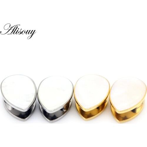 Alisouy 2pcs Gauges Ear Tunnels Plugs Stainless Steel Water drops Shell Ear Expander Stretcher Earrings Body Piercing Jewelry