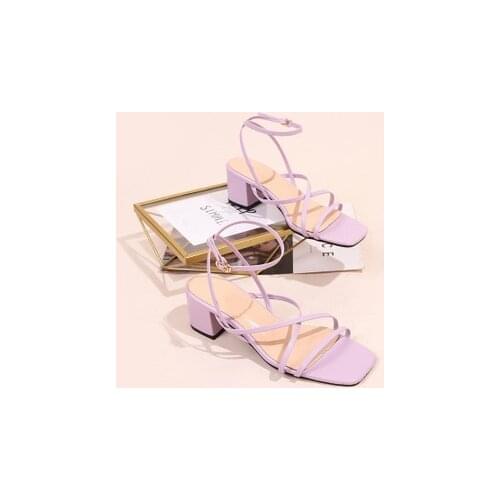 Ankle Strap Sandals Sexy 2020 Womens Strappy Heels Female Shoe Large Size Cross Square Toe Med Cross-shoes Summer Sale